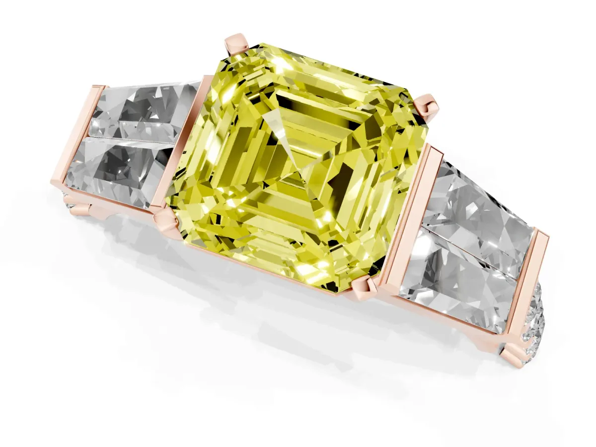 Fancy Yellow Asscher Cut Diamond Engagement Ring with Baguette Side Stones and Channel Set Band Rose gold