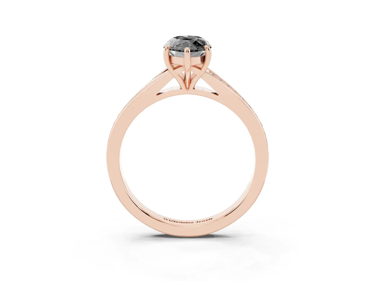 Fancy Black Marquise Cut Diamond Solitaire Ring with Pavé Band and Prong Setting Rose gold