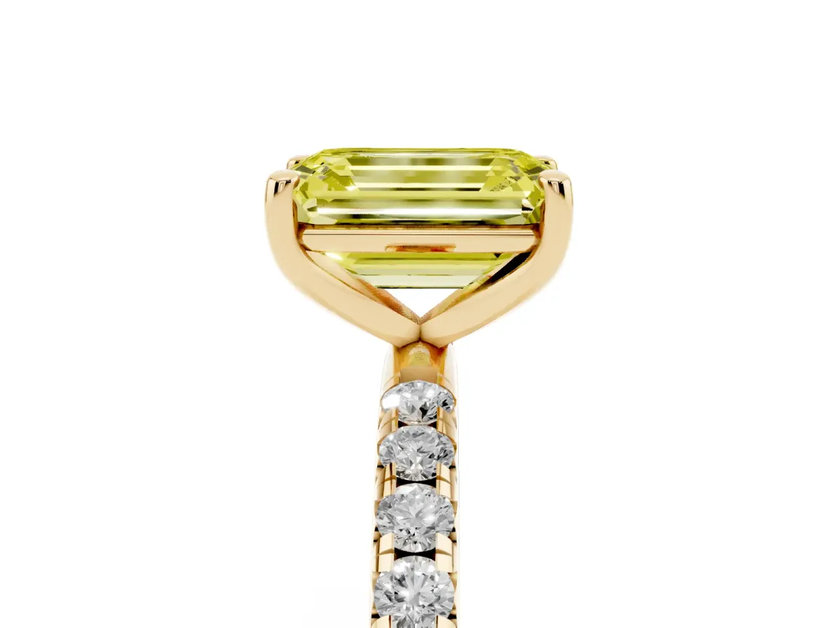 Fancy Yellow Emerald Cut Cut Diamond Solitaire Ring with Micro Pave Band and Four Prong Setting Yellow gold