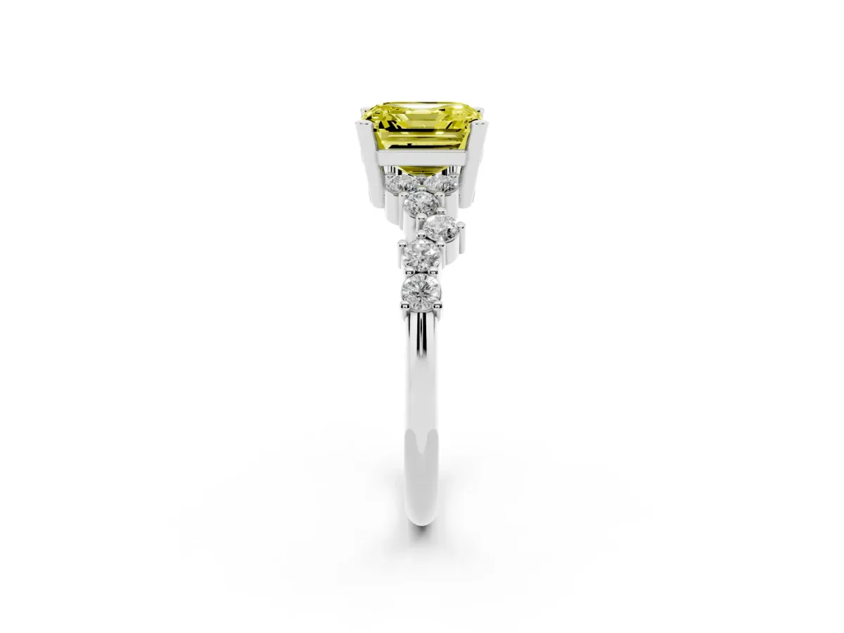 Fancy Yellow Asscher Cut Diamond Scattered Round Accent Ring with Prong Setting Silver