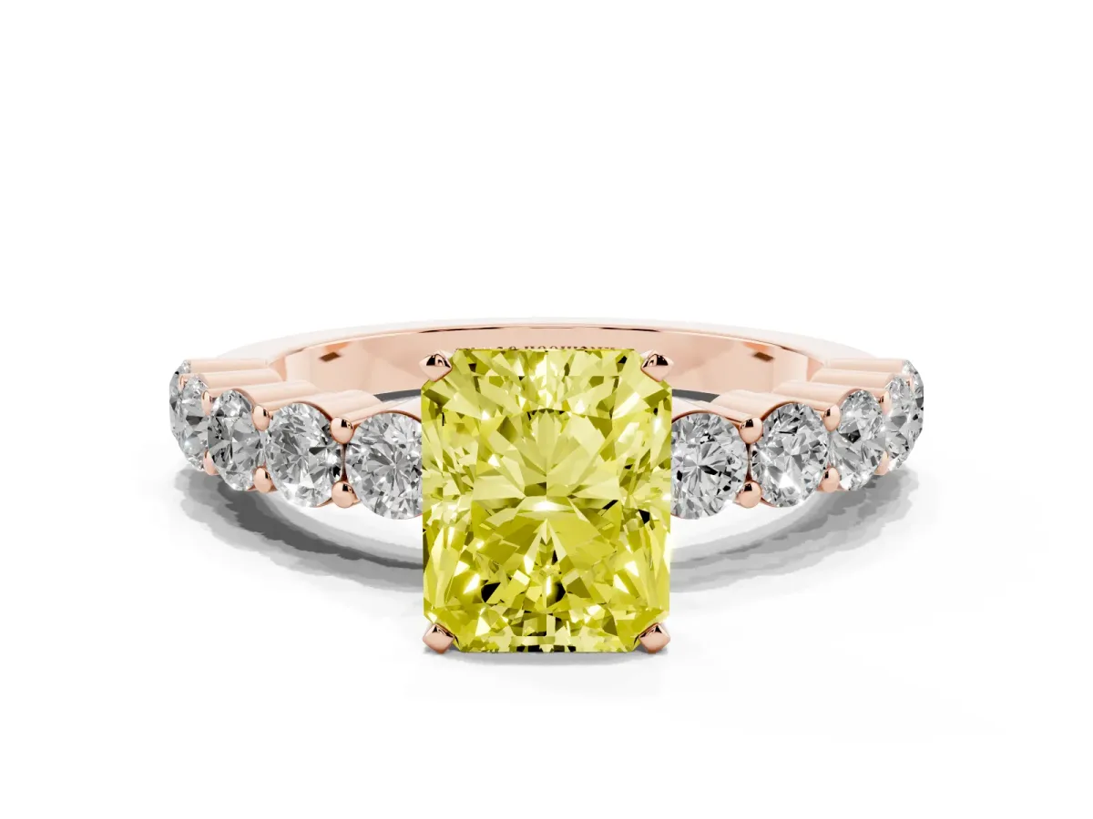 Fancy Yellow Radiant Cut Diamond Solitaire Ring with Shared Prong Round Side Stones Rose gold