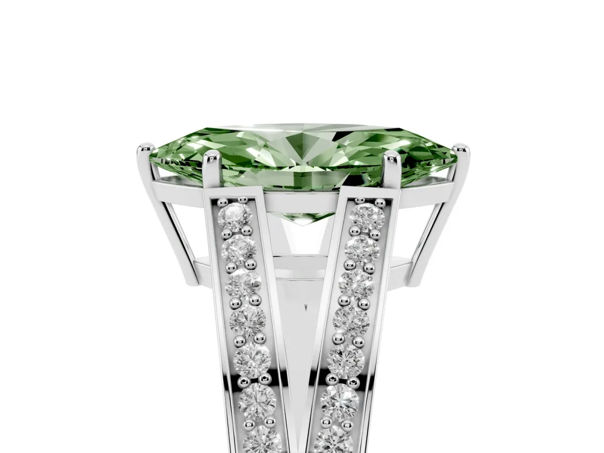 Fancy Green Marquise Cut Diamond Split Shank Ring with Pavé Band and Four-Prong Setting White gold