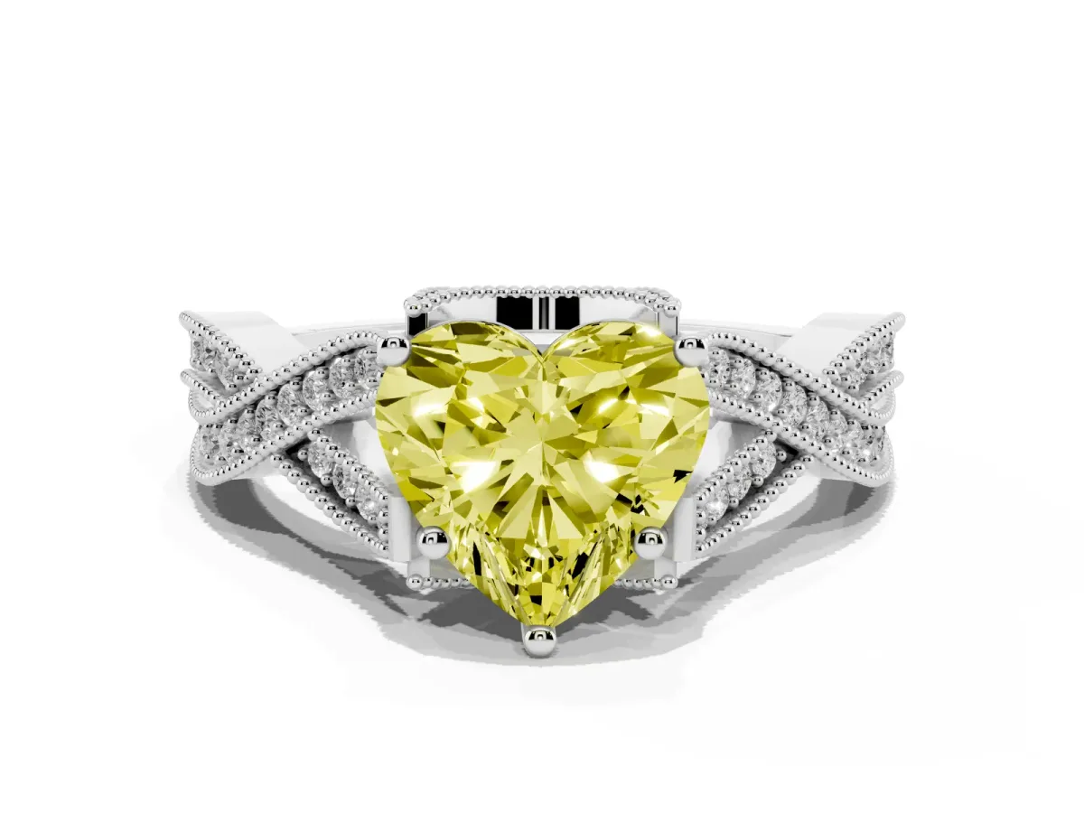 Fancy Yellow Heart Cut Cut Diamond Twisted Band with Milgrain Pave Setting and Four-Prong Setting White gold