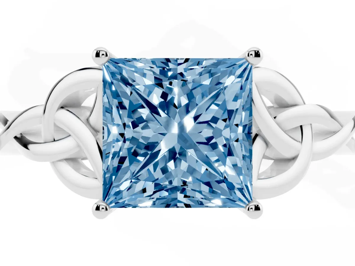 Fancy Blue Princess Cut Diamond Solitaire Engagement Ring with Celtic Knot Band and Four-Prong Setting White gold