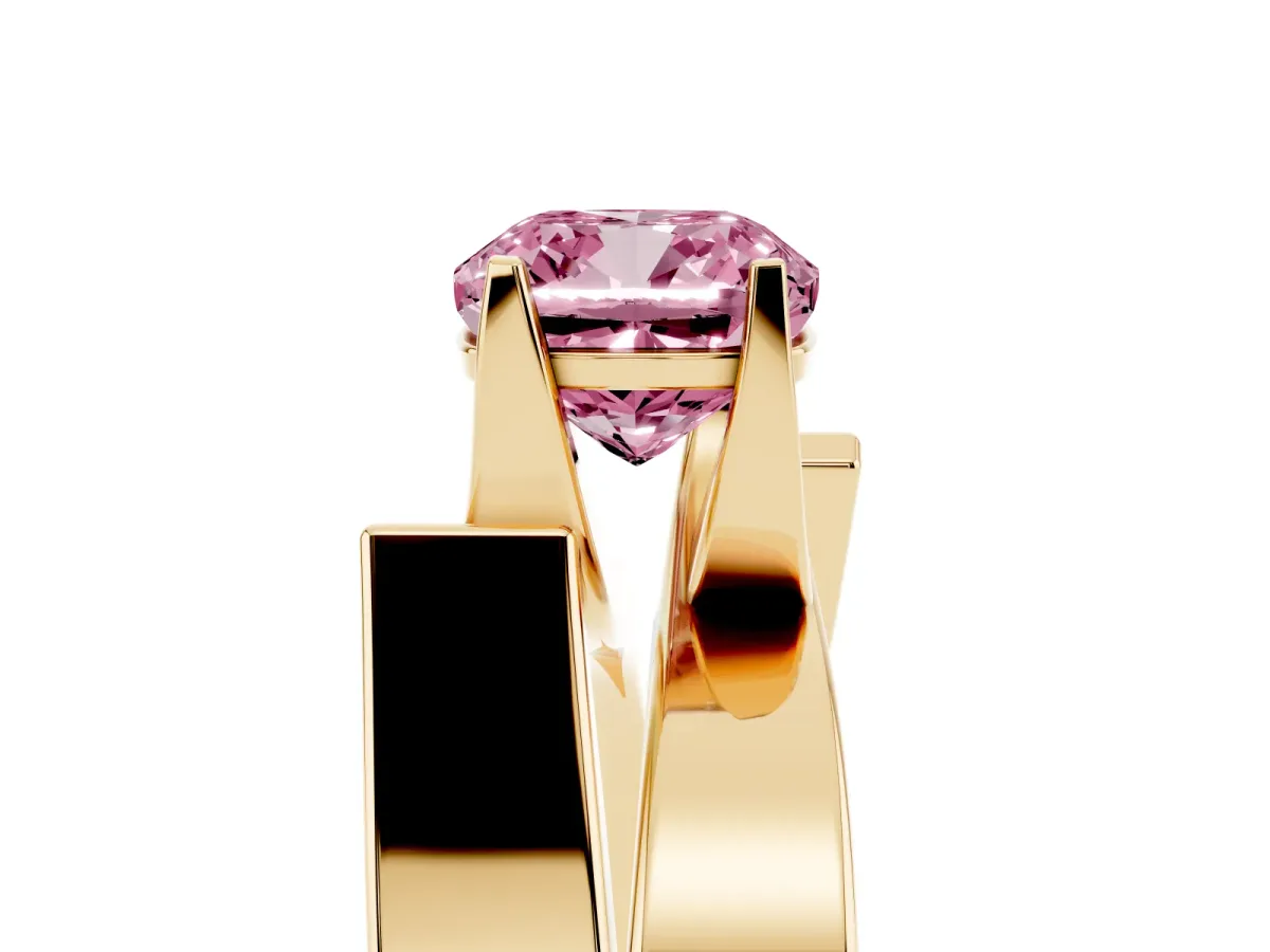Fancy Pink Modern Tension Set Cushion Cut Diamond Solitaire Wide Band Ring Yellow gold
