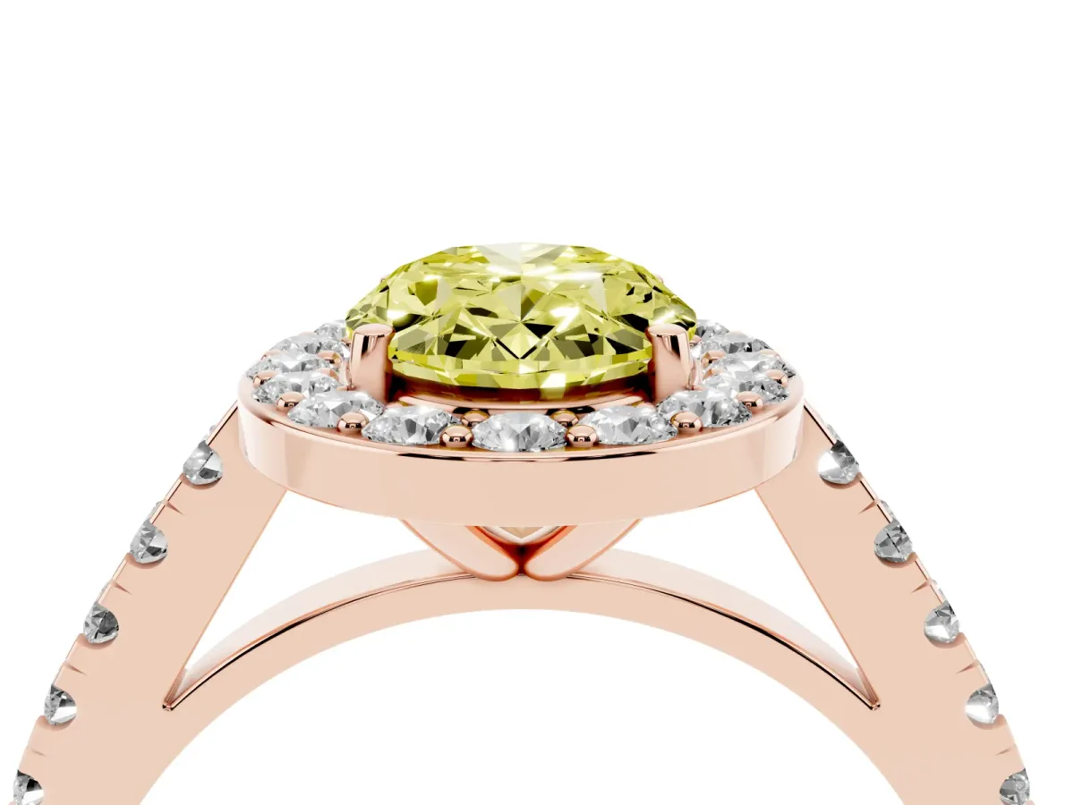 Fancy Yellow Oval Cut Diamond Halo Ring with Round Pavé Split Shank and Prong Setting Rose gold