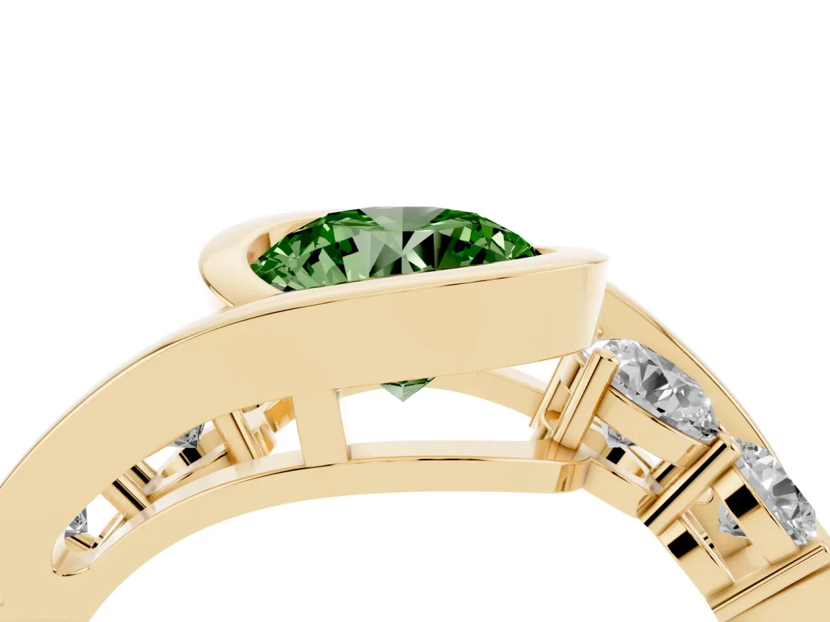 Fancy Green Bezel Set Round Cut Diamond Bypass Ring with Round Accents Yellow gold