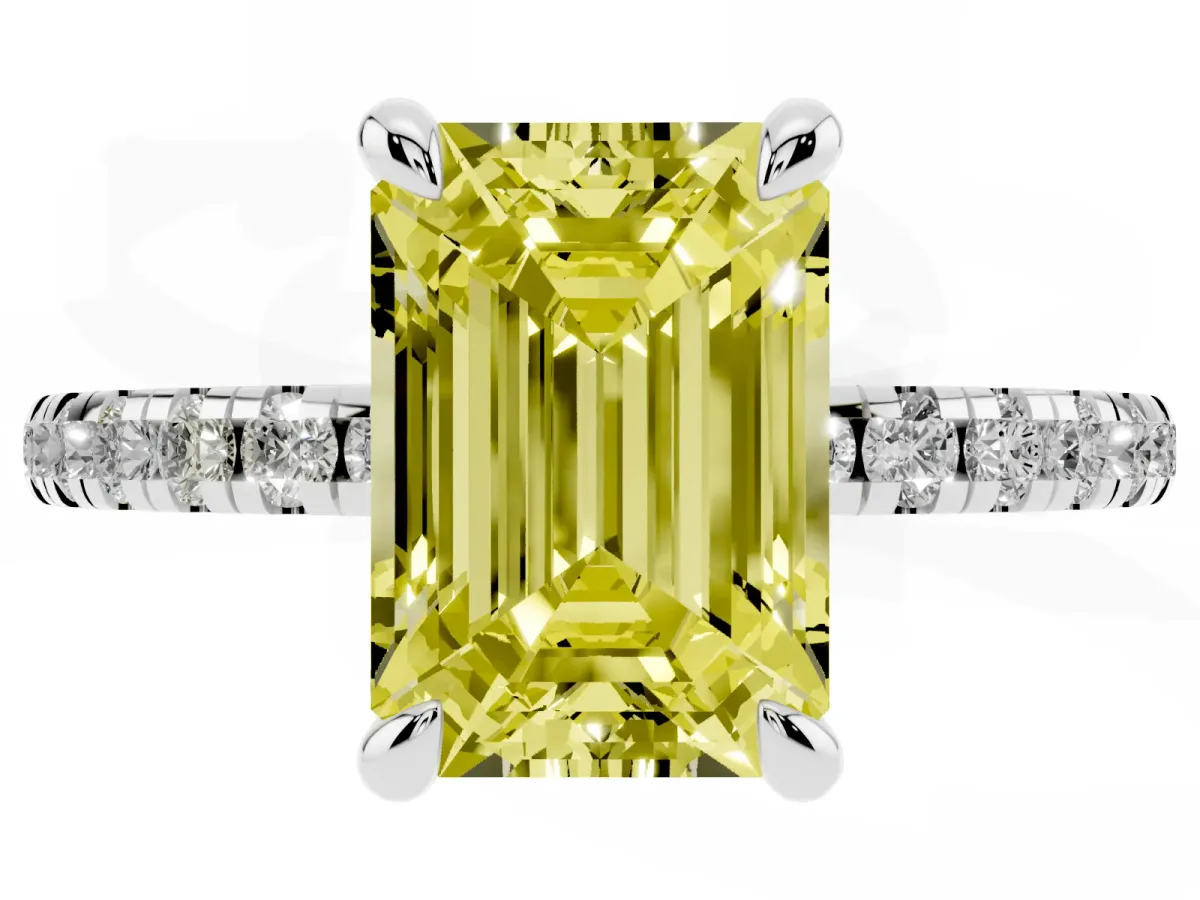 Fancy Yellow Emerald Cut Diamond Brilliant Solitaire Ring with Pavé Band and Four-Prong Setting White gold