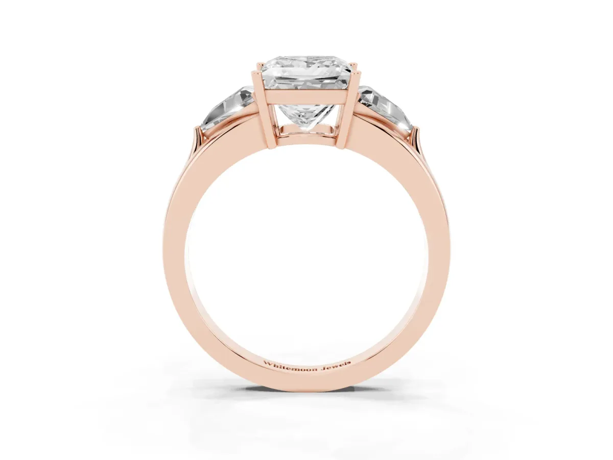 Three-Stone Princess Cut Cut Diamond Ring with Trillion Side Stones on a Split Shank Band Rose gold