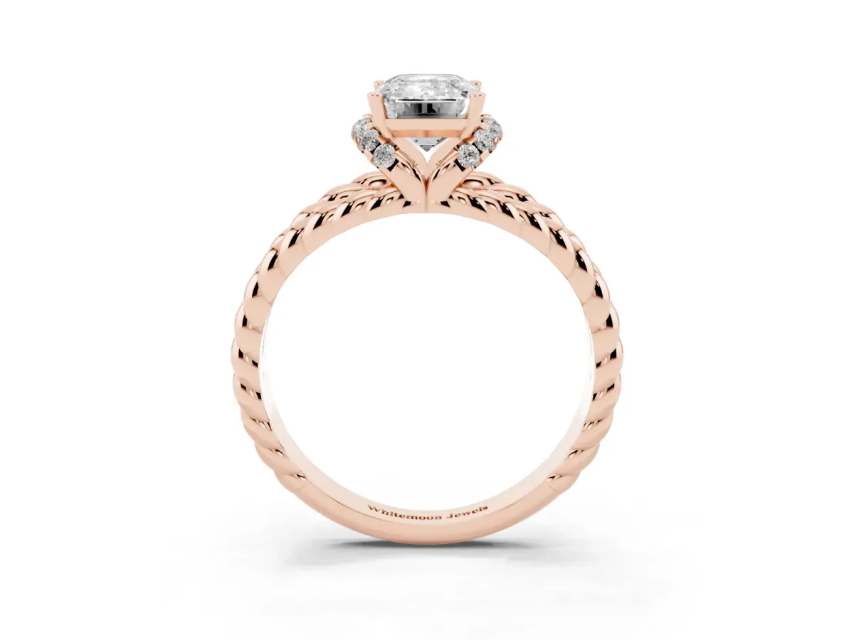 Emerald Cut Halo Twisted Band Four-Prong Ring Rose gold