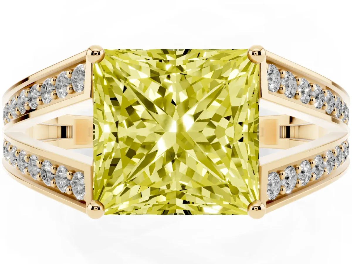 Fancy Yellow Princess Cut Diamond Split Shank Ring with Pavé Band and Four-Prong Setting Yellow gold
