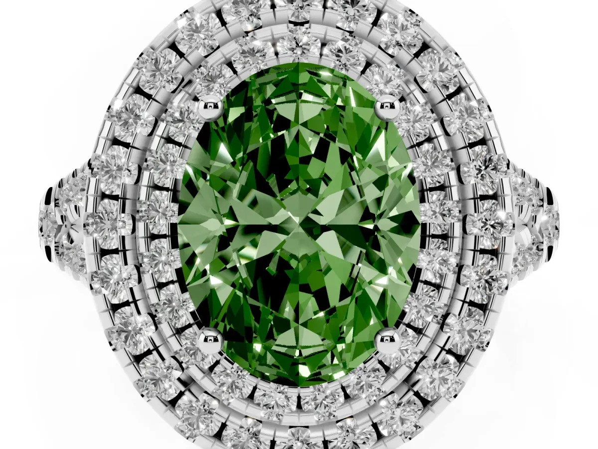 Fancy Green Double Halo Oval Cut Diamond Pavé Split Shank Ring with Prong Setting White gold