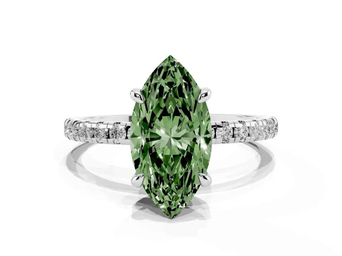 Fancy Green Marquise Cut Diamond Brilliant Solitaire Ring with Pavé Band and Four-Prong Setting White gold