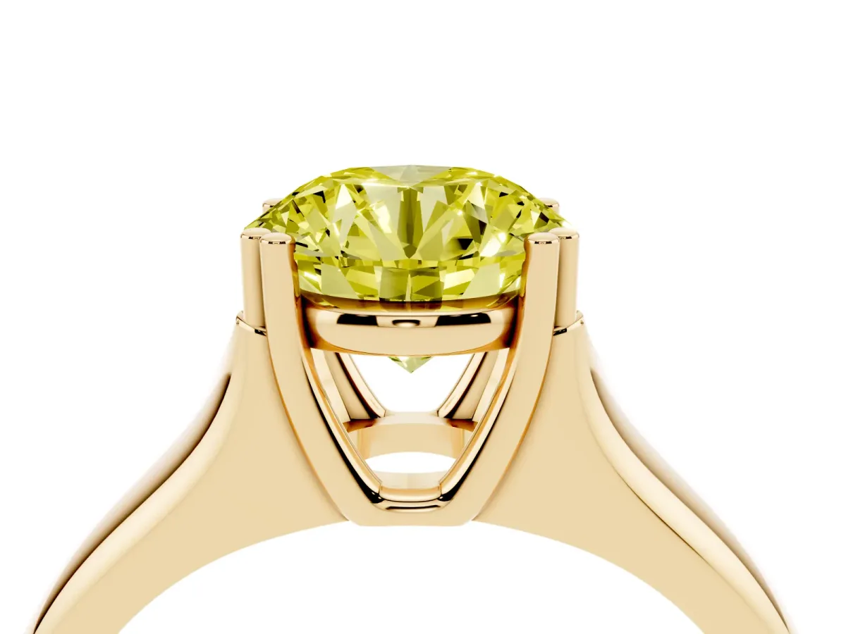 Fancy Yellow Round Cut Diamond Solitaire Ring with Wide Band and Prong Setting Yellow gold