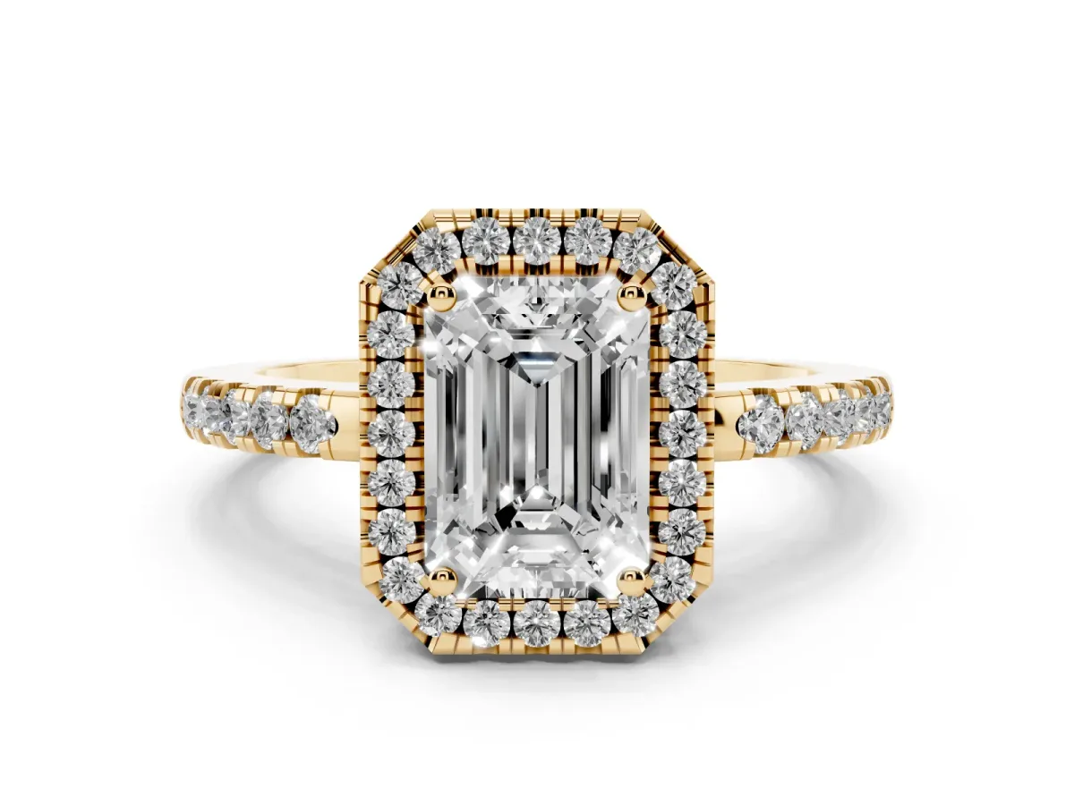 Emerald Cut Halo Diamond Engagement Ring with Pavé Band and Four-Prong Setting Yellow gold