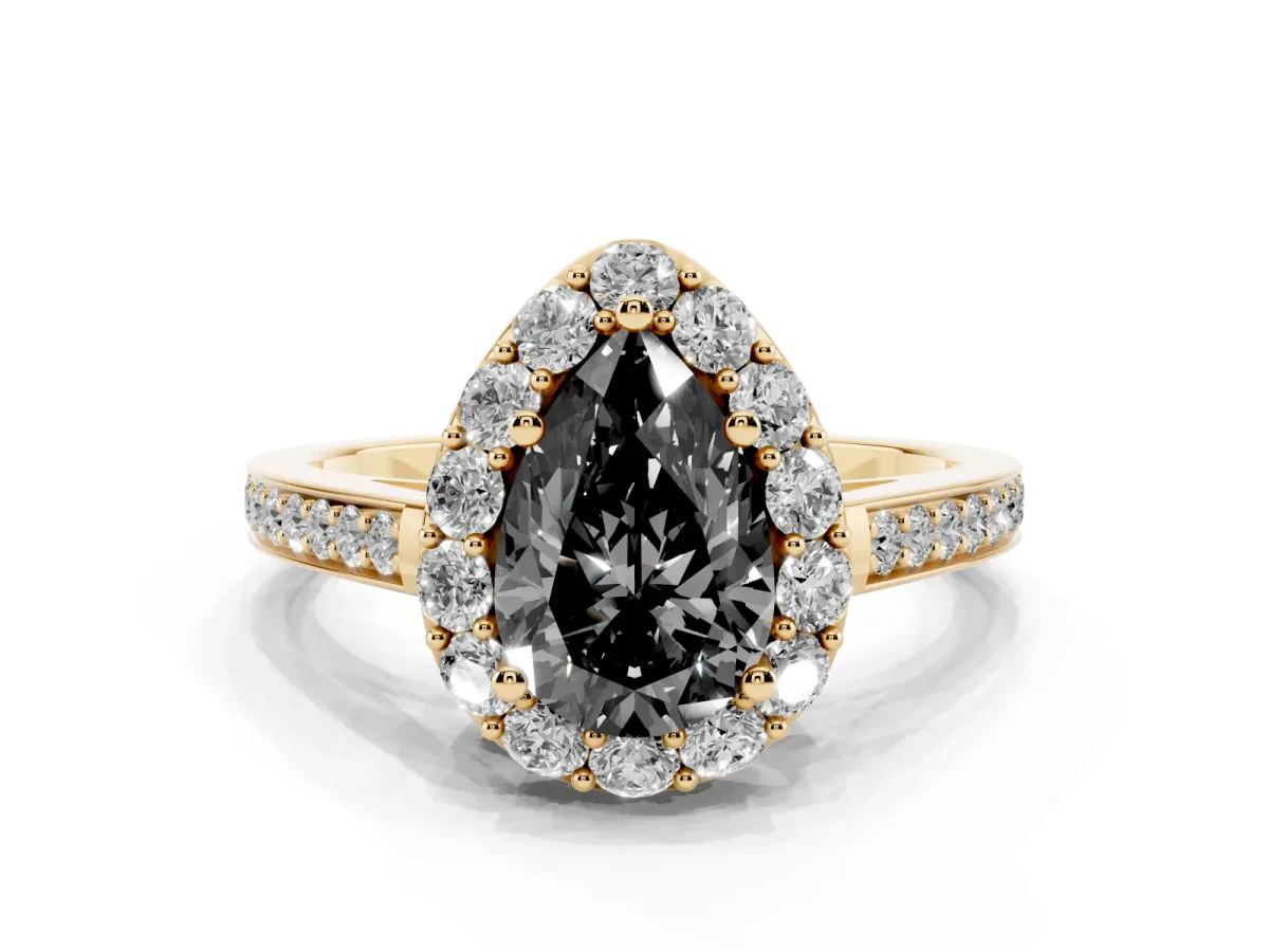 Fancy Black Pear Cut Diamond Floral Halo Ring with Pavé Band and Prong Setting Yellow gold