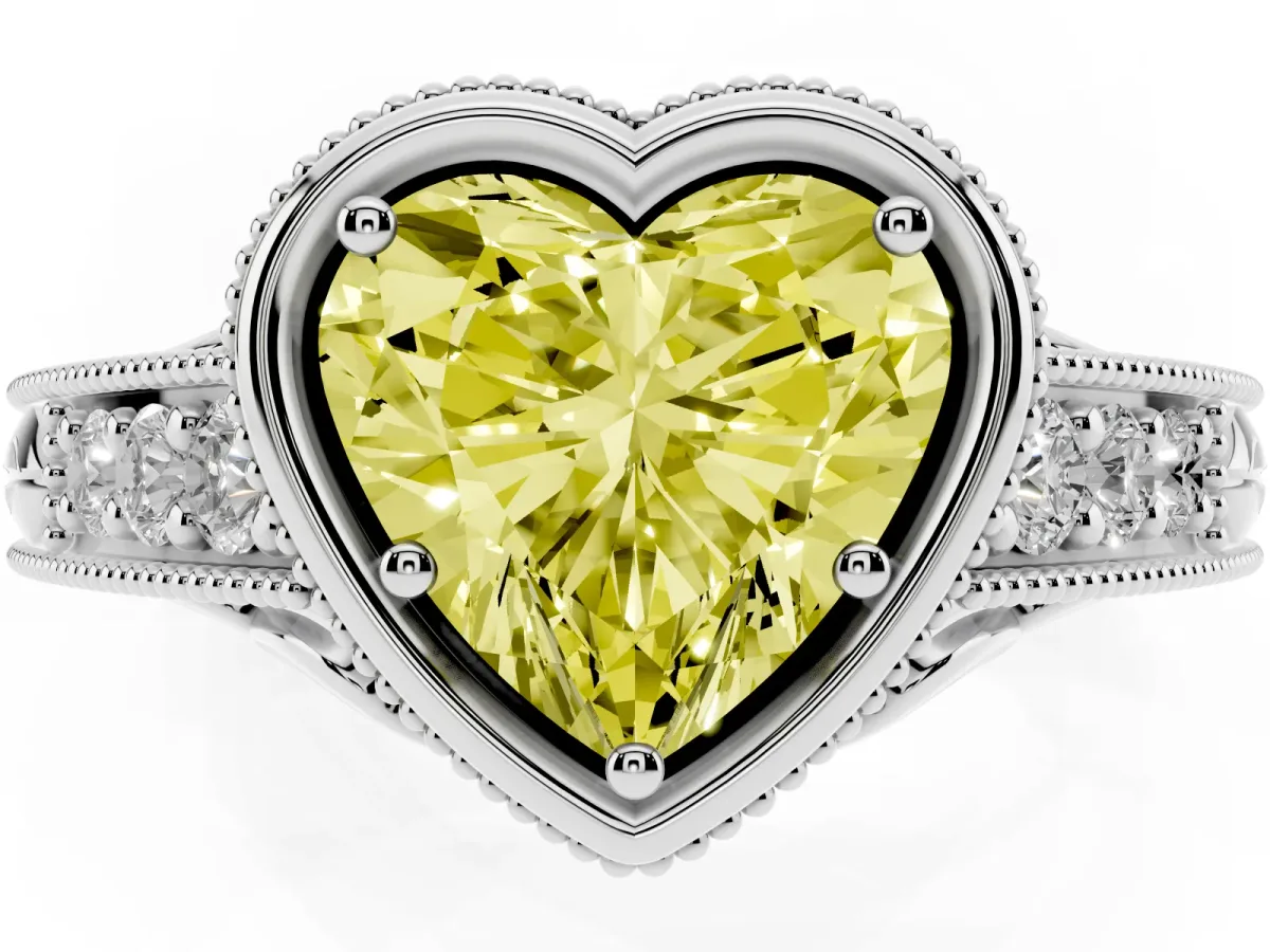 Fancy Yellow Bezel Set Heart Cut Diamond Milgrain Pave Engagement Ring Silver