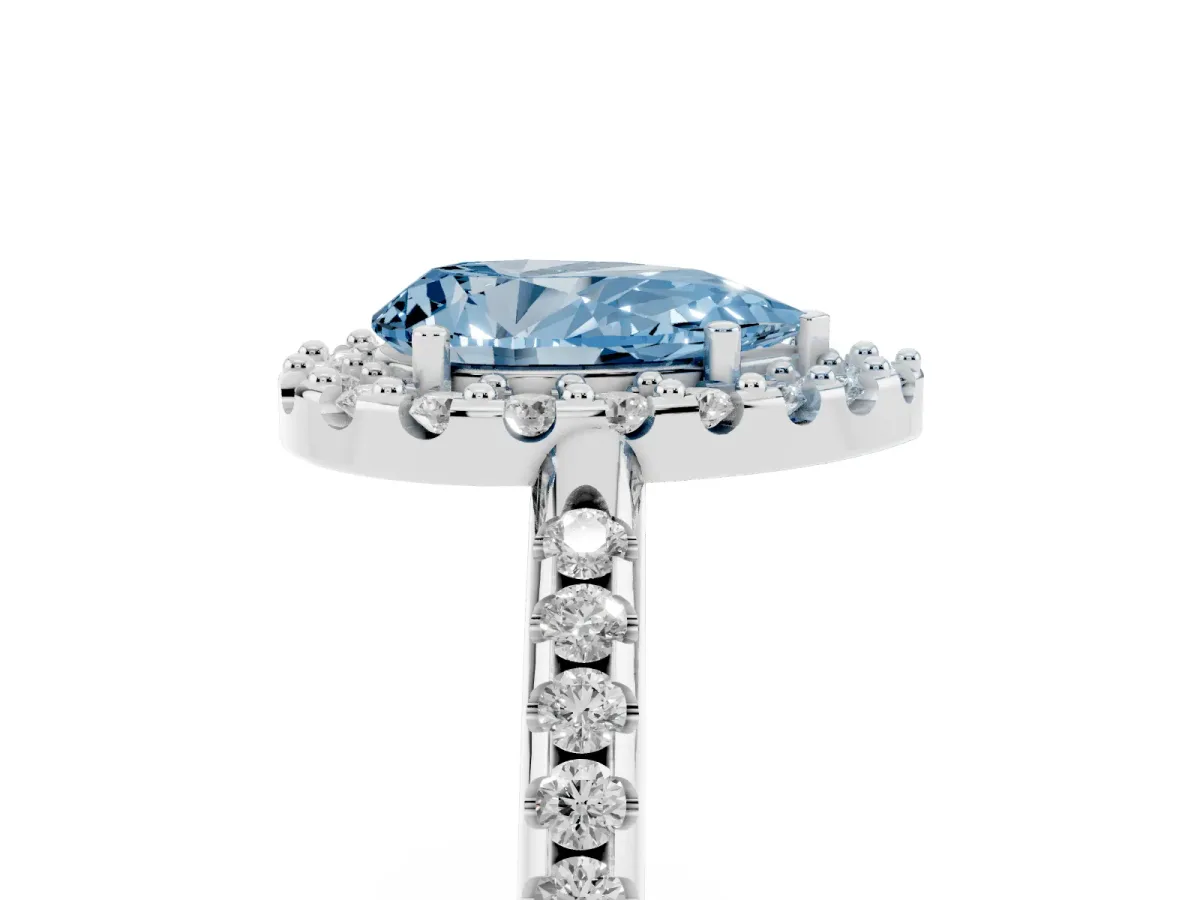 Fancy Blue Pear Cut Diamond Pavé Halo Ring with Four-Prong Setting Silver