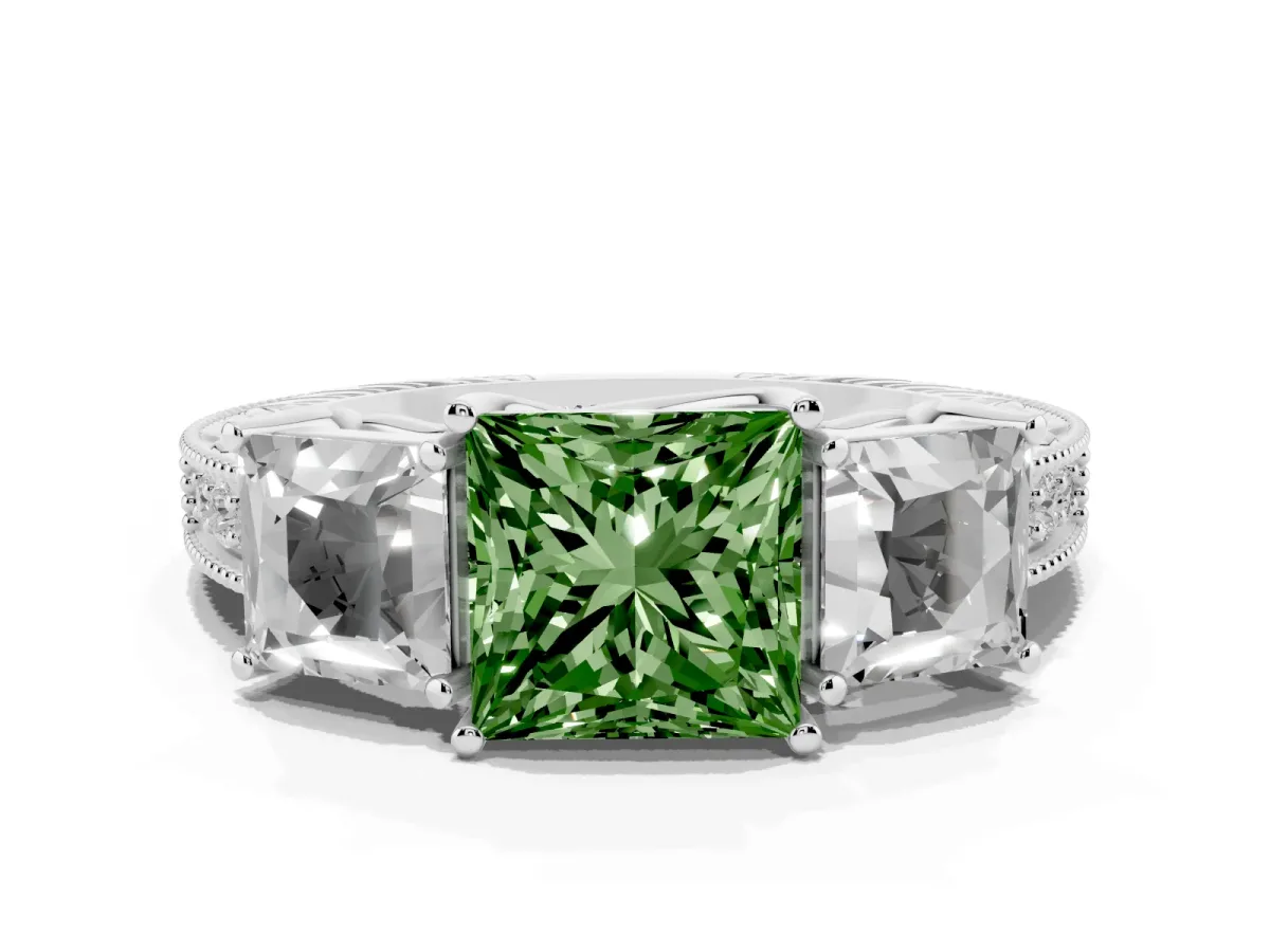 Fancy Green Three-Stone Princess Cut Cut Milgrain Pavé Engagement Ring Silver