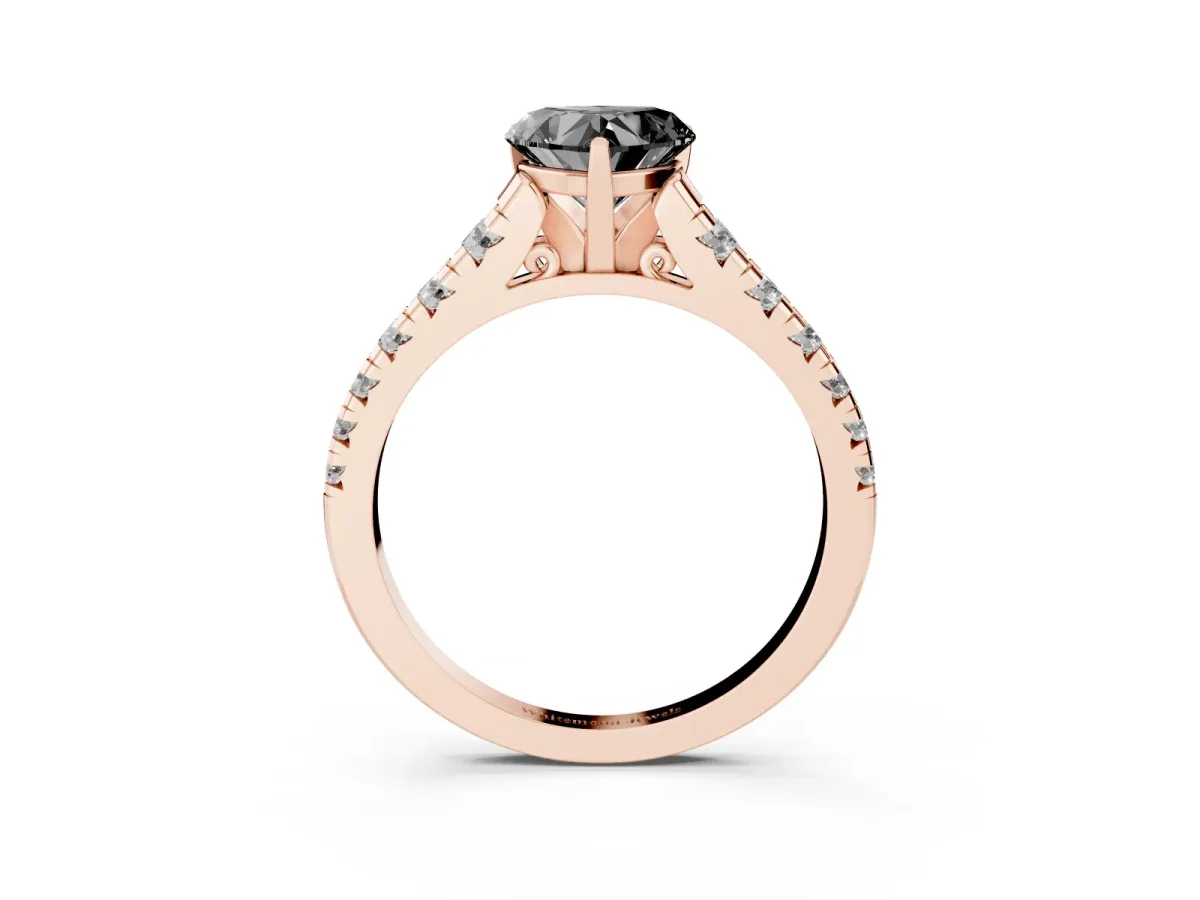 Fancy Black Heart Cut Diamond Cathedral Solitaire Ring with Round Pavé Band Rose gold