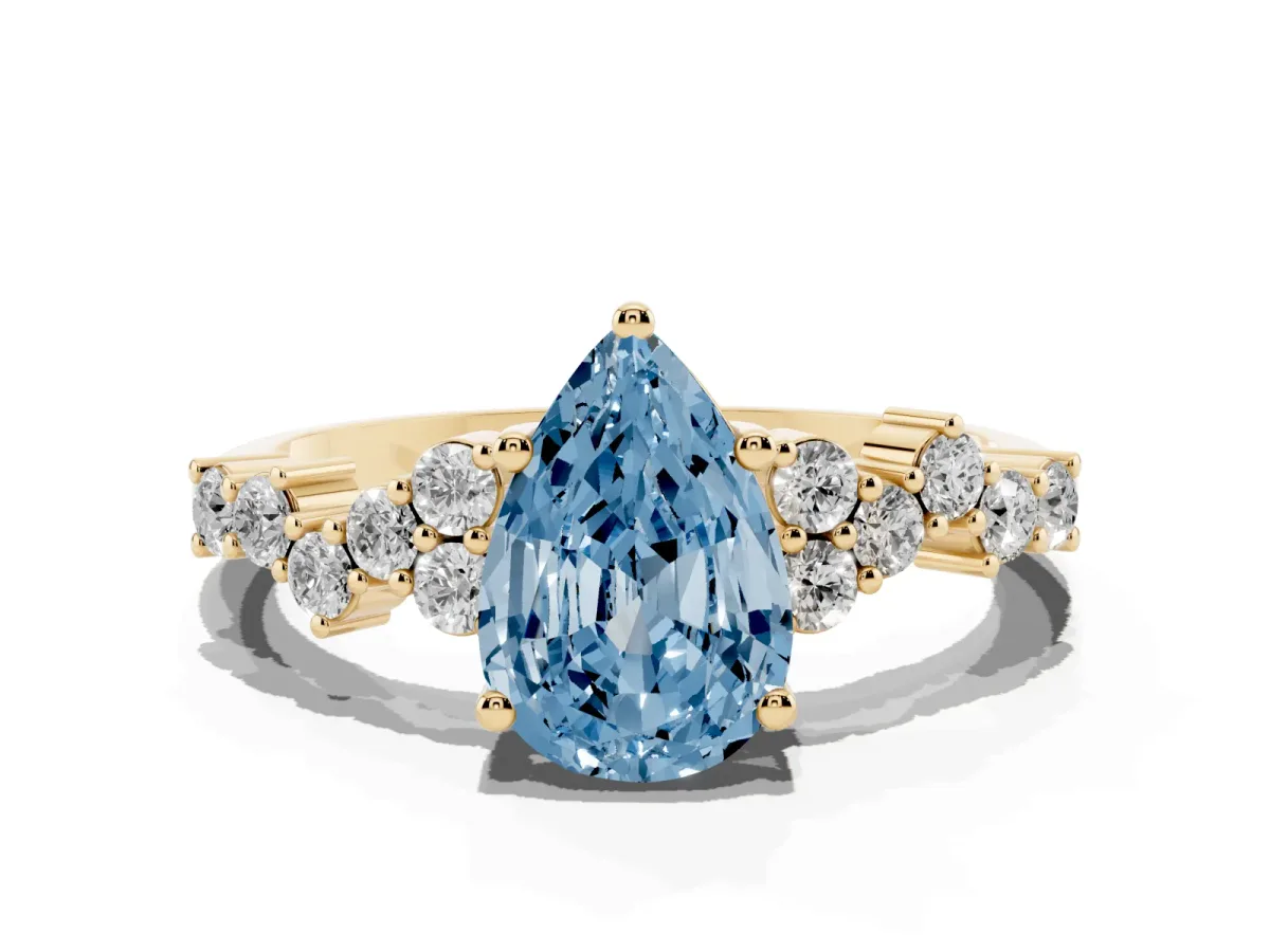 Fancy Blue Pear Cut Diamond Scattered Round Accent Ring with Prong Setting Yellow gold