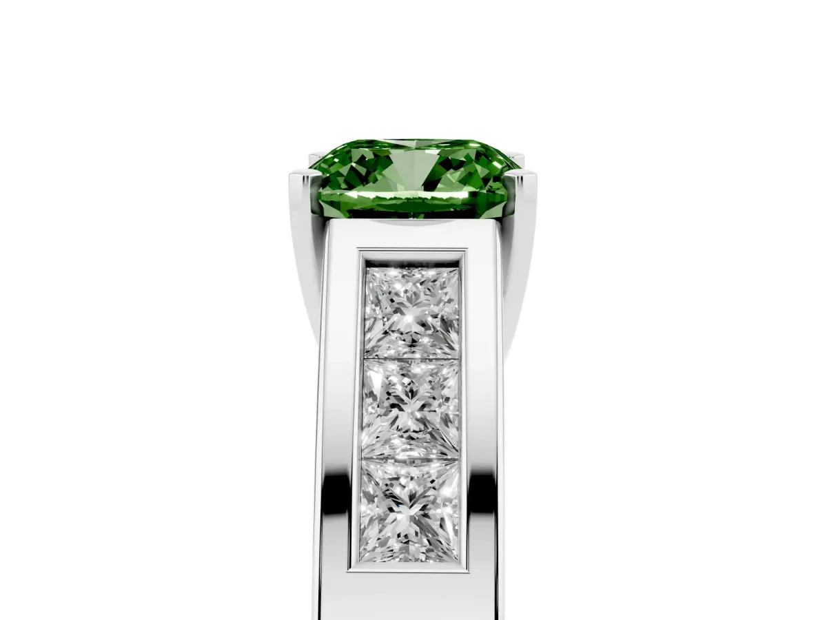 Fancy Green Cushion Cut Cut Channel Set Solitaire Ring with Four-Prong Setting Platinum