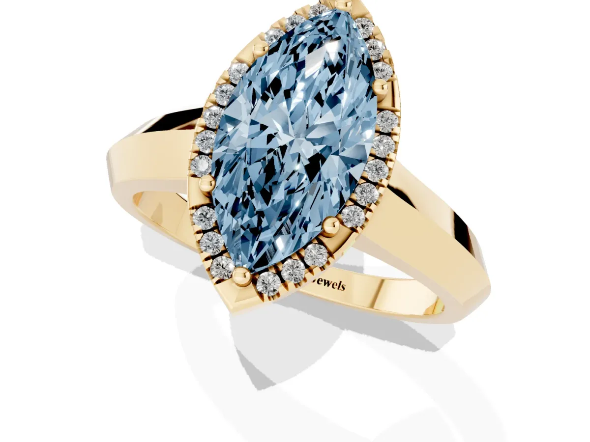 Fancy Blue Marquise Cut Halo Diamond Ring with Cathedral Band and Four-Prong Setting Yellow gold