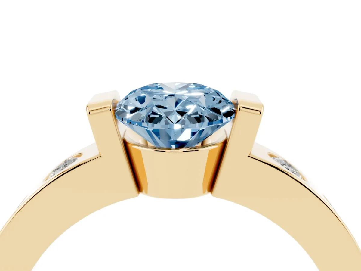 Fancy Blue Oval Cut Brilliant Channel-Set Diamond Ring with Bezel Prong Setting Yellow gold