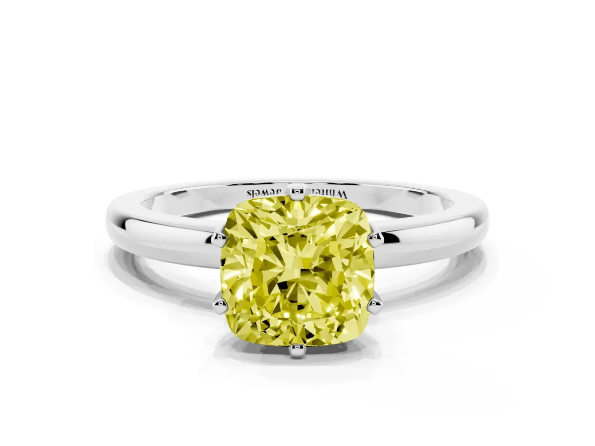 Fancy Yellow Cushion Cut Solitaire Diamond Ring with Six-Prong Setting on a Classic Band Silver