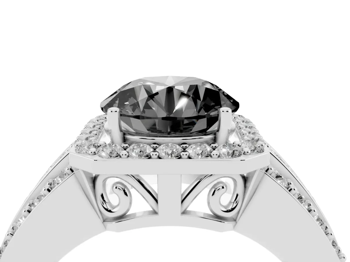 Fancy Black Round Cut Halo Diamond Ring with Round Split Shank and Prong Setting Platinum