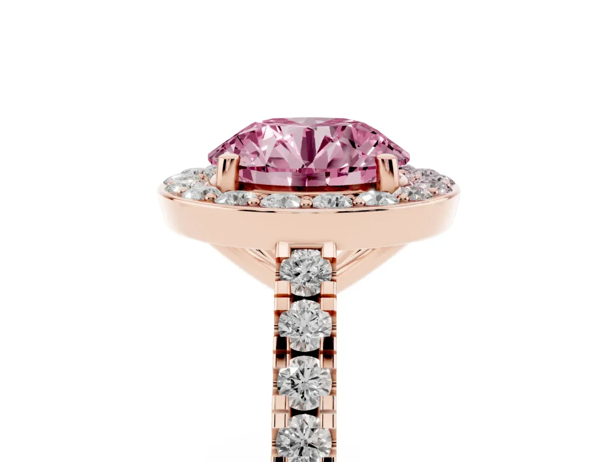 Fancy Pink Round Cut Diamond Halo Ring with Round Pavé Split Shank and Prong Setting Rose gold