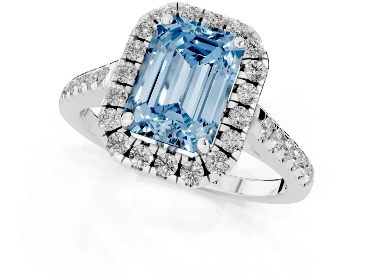 Fancy Blue Emerald Cut Halo Pavé Diamond Engagement Ring with Four-Prong Setting Silver