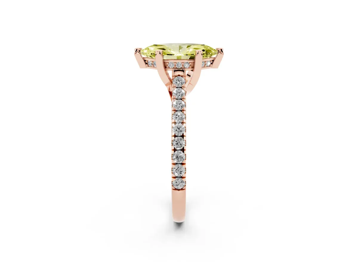 Fancy Yellow Marquise Cut Brilliant Diamond Solitaire with Pavé Band and Four-Prong Setting Rose gold