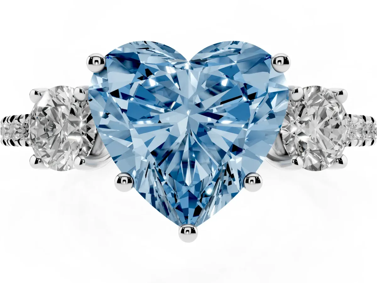 Fancy Blue Three-Stone Heart Cut Cut Diamond Pavé Band with Prong Setting Platinum