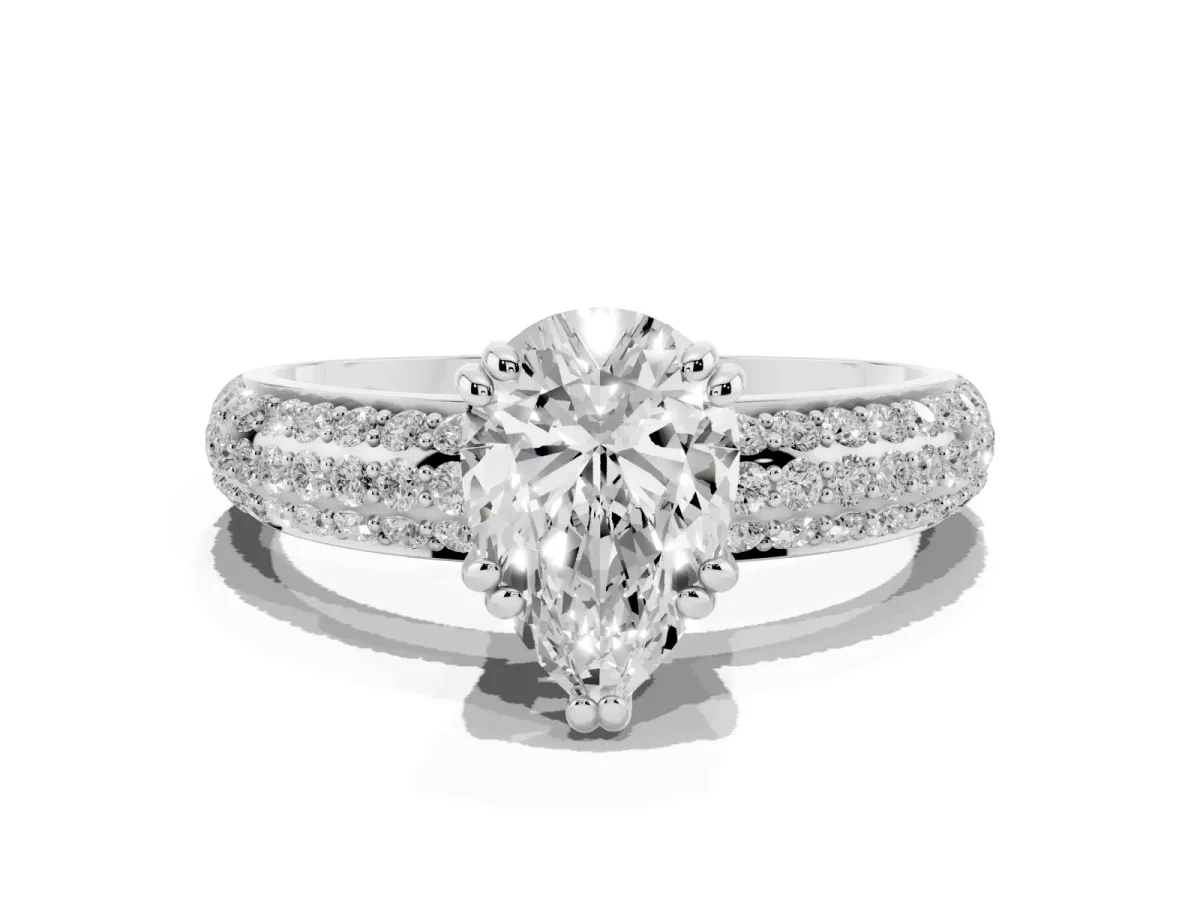 Pear Cut Diamond Solitaire Ring with Multi-Row Round Pavé Band and Prong Setting Silver