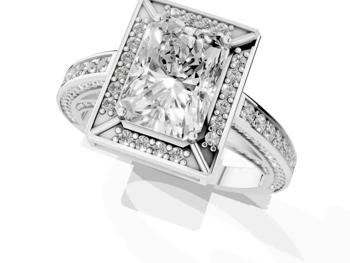 Radiant Cut Cut Halo Pave Split Shank Prong Setting Ring Platinum