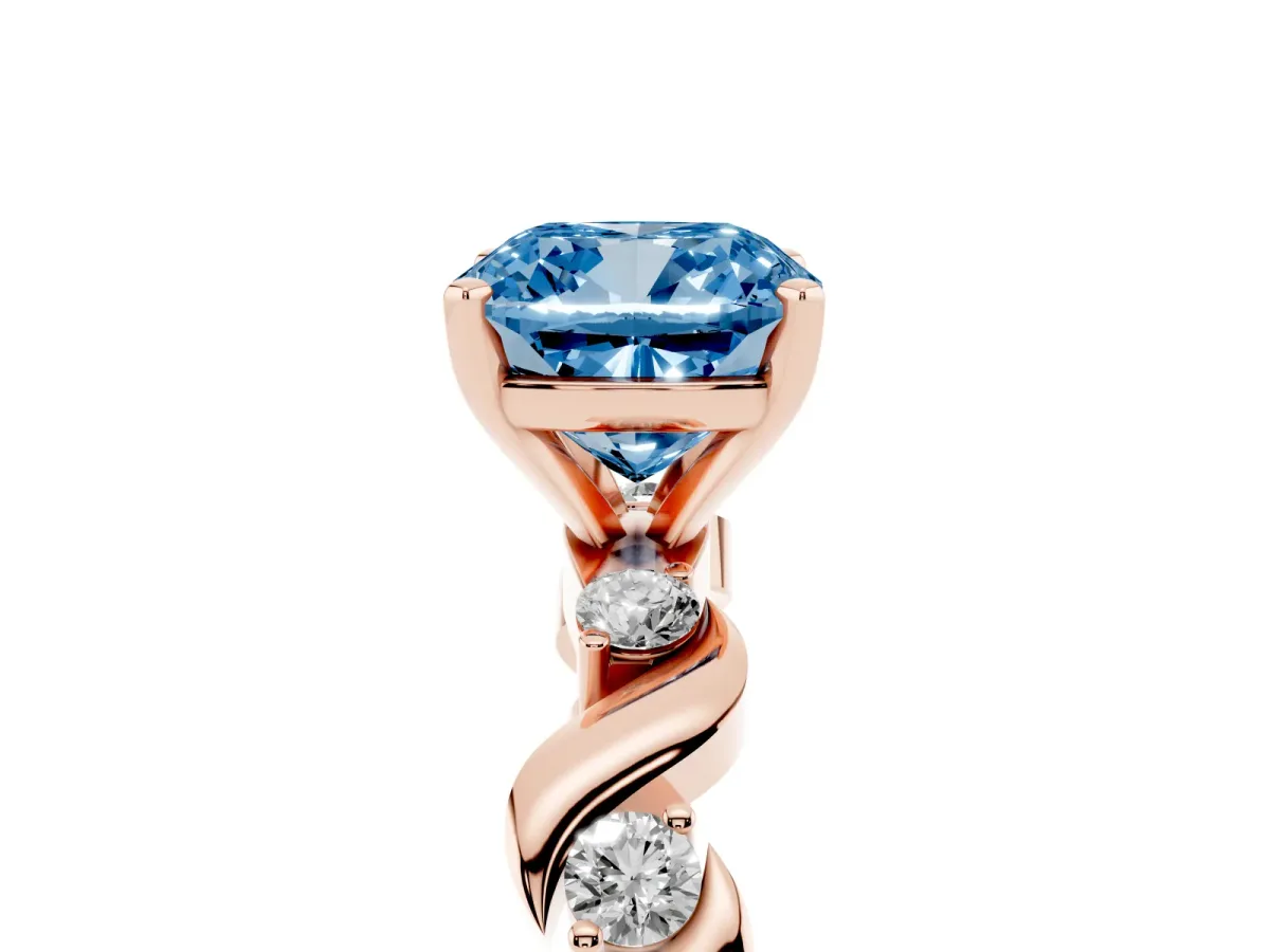 Fancy Blue Cushion Cut Diamond Solitaire Twisted Band with Round Accents and Prong Setting Rose gold