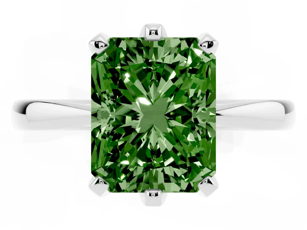 Fancy Green Radiant Cut Solitaire Engagement Ring with Six-Prong Setting and Tapered Band Silver