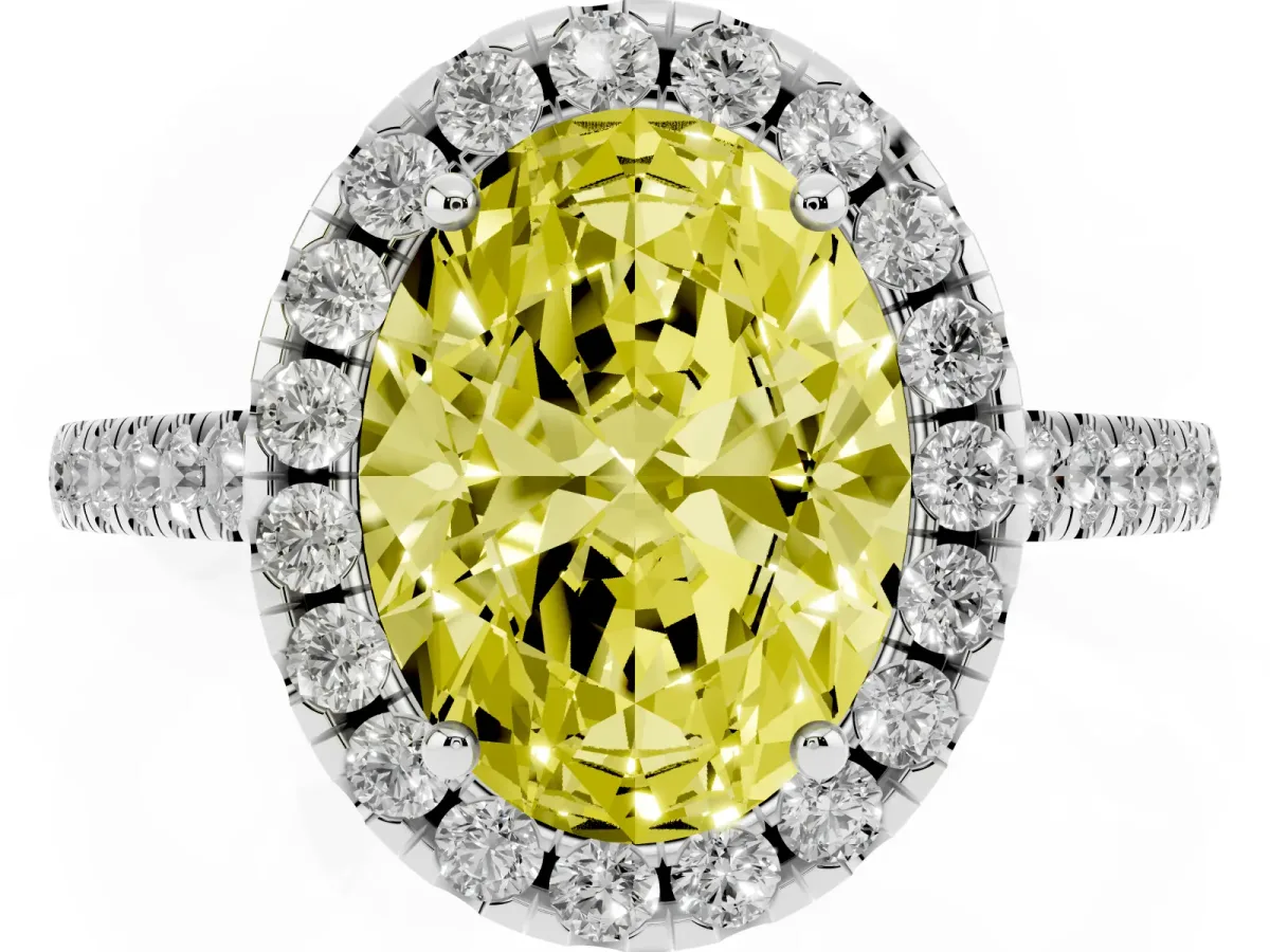 Fancy Yellow Oval Cut Halo Pavé Diamond Engagement Ring with Four-Prong Setting Silver