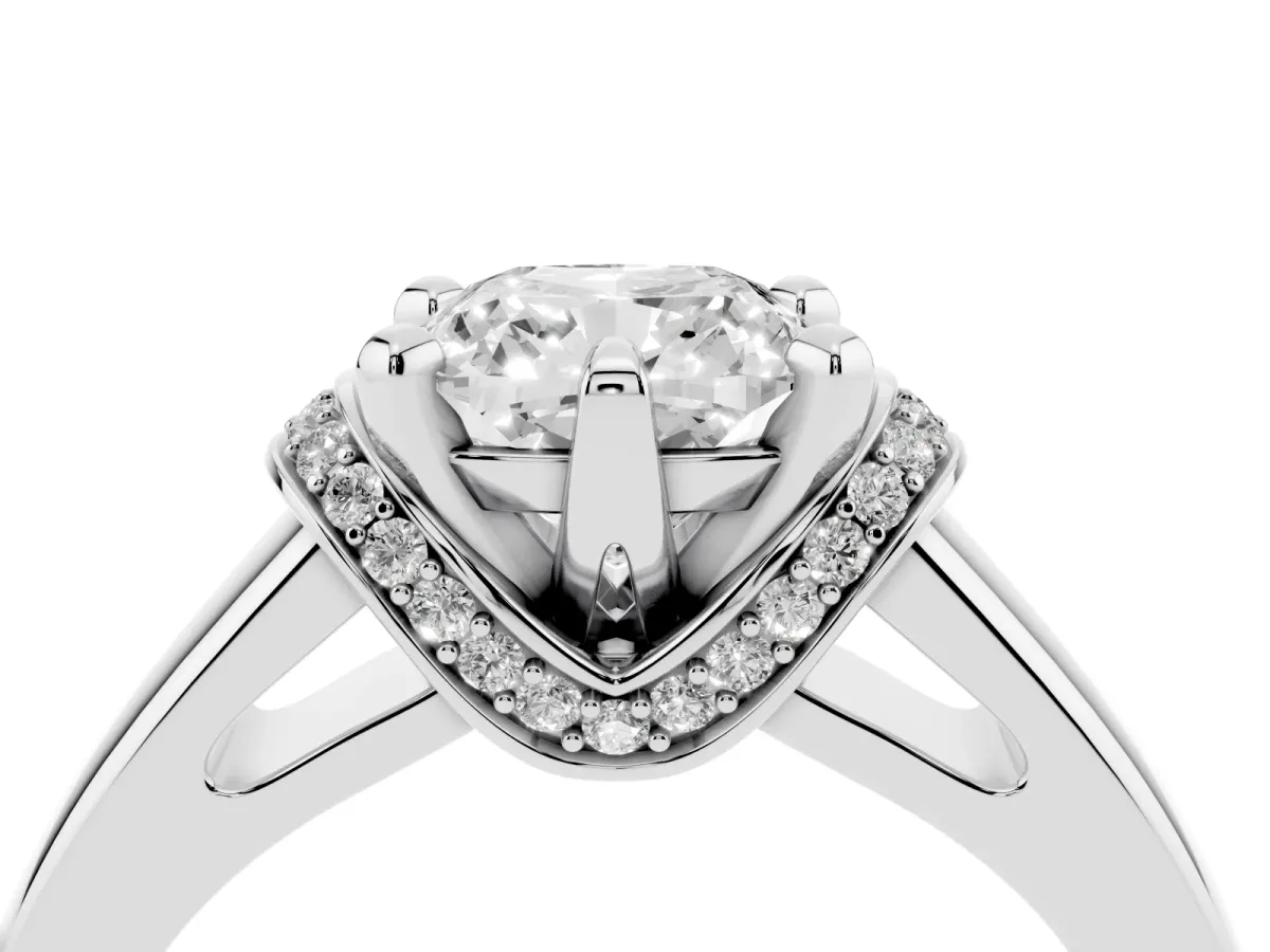 Cushion Cut Solitaire Diamond Ring with Pave Band and Six-Prong Setting Silver