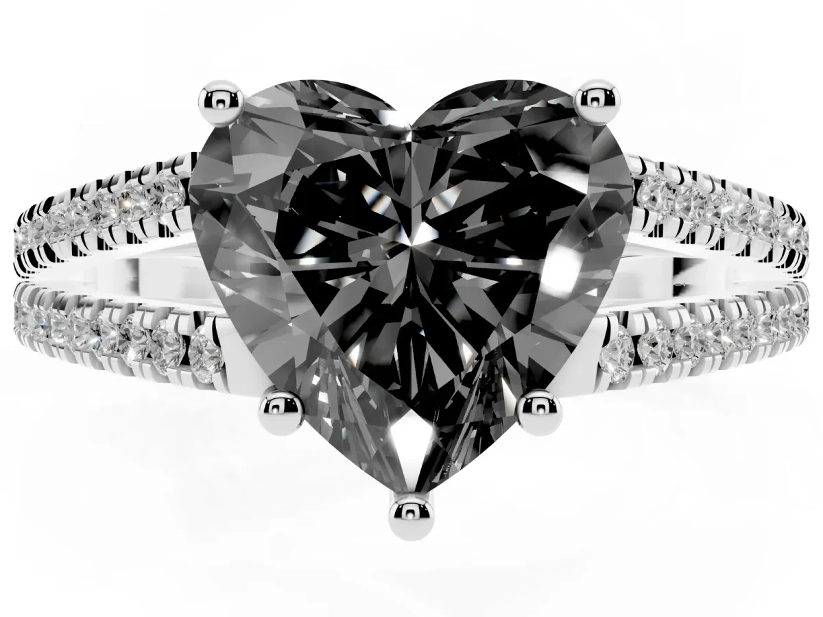 Fancy Black Heart Cut Diamond Solitaire Engagement Ring with Split Shank Pavé Band Silver