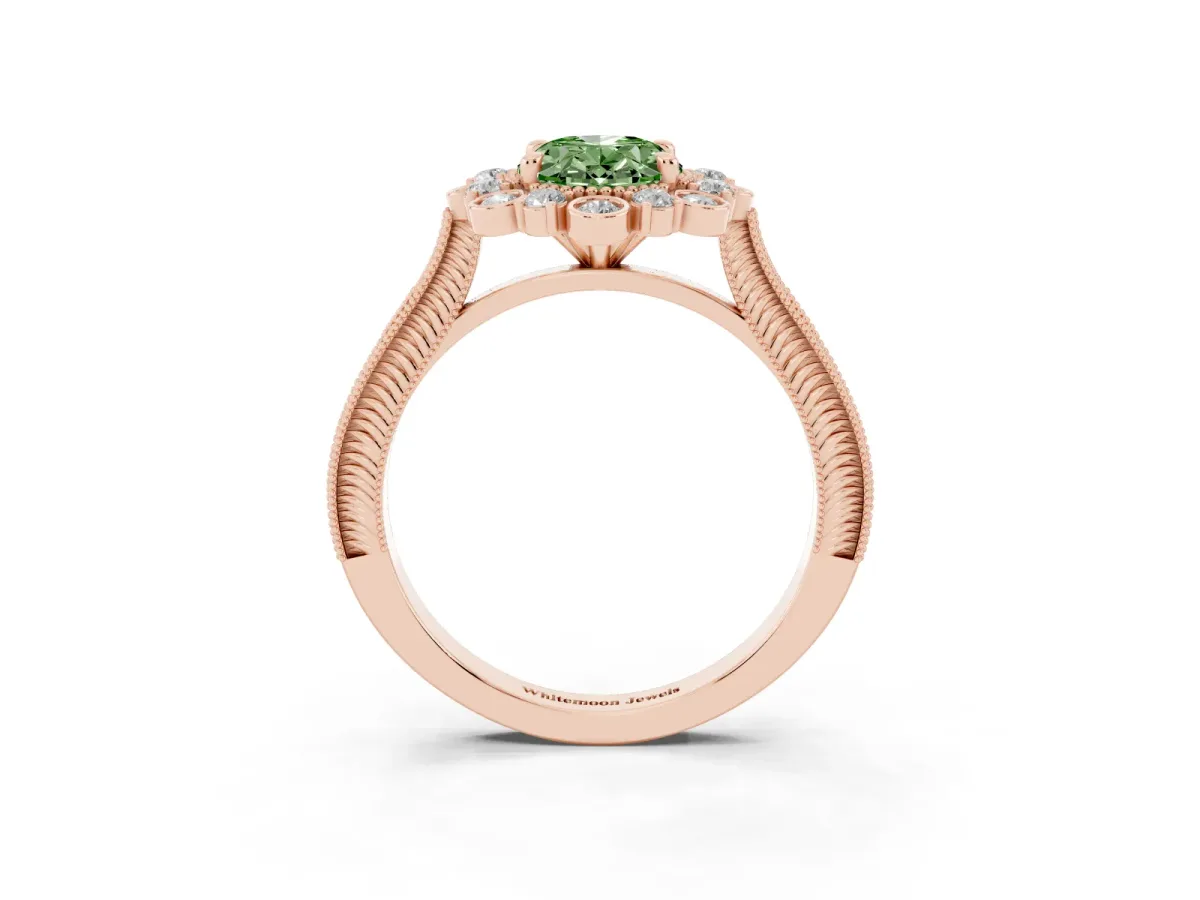 Fancy Green Oval Cut Halo Milgrain Pave Diamond Ring with Four-Prong Setting Rose gold