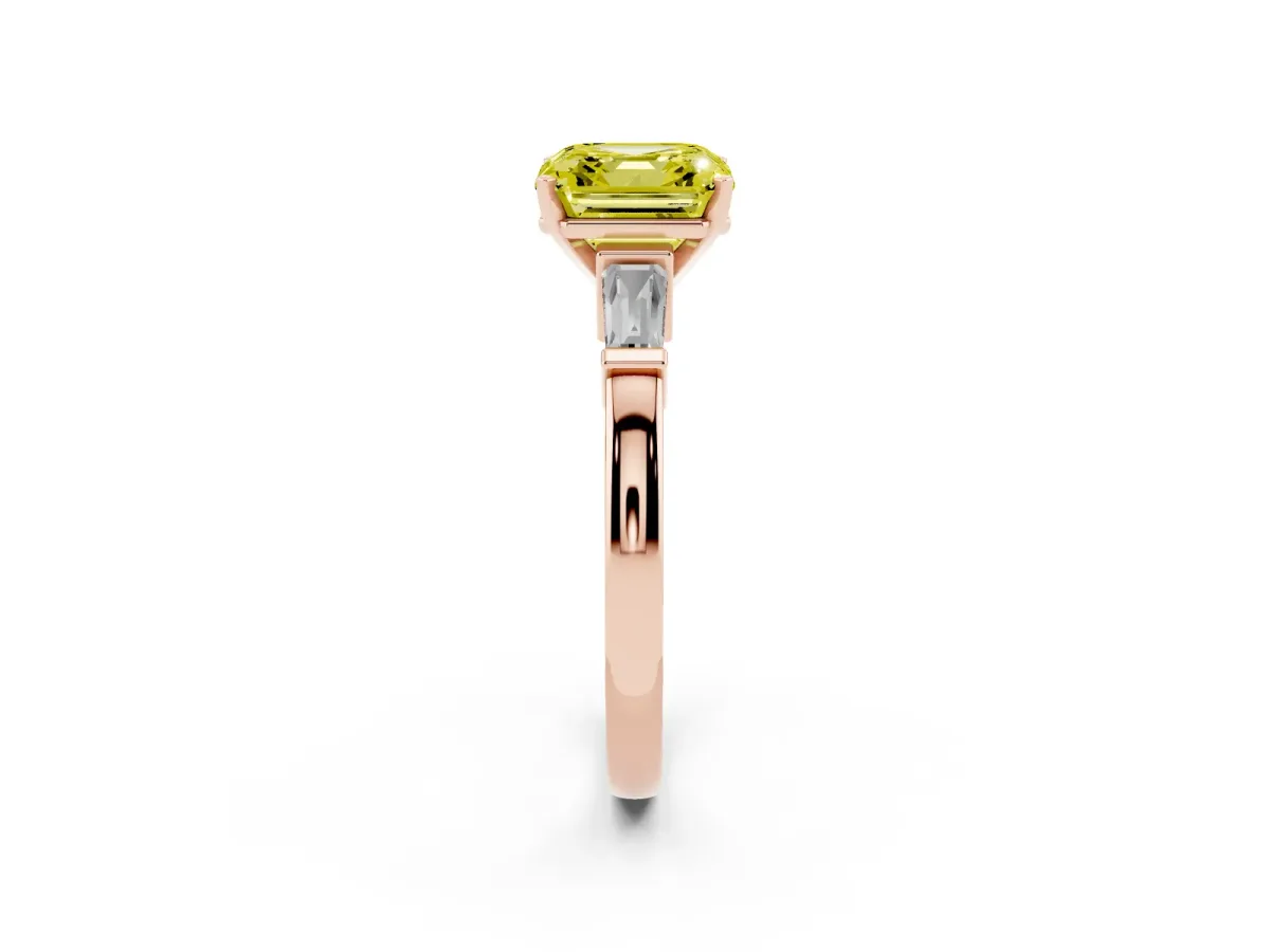 Fancy Yellow Asscher Cut Cut Diamond Solitaire Ring with Tapered Baguette Accents and Four-Prong Setting Rose gold