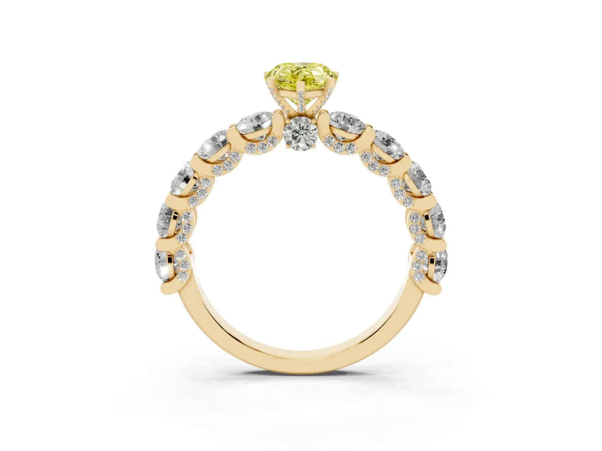 Fancy Yellow Pear Cut Diamond Side Stone Engagement Ring with Four-Prong Setting Yellow gold