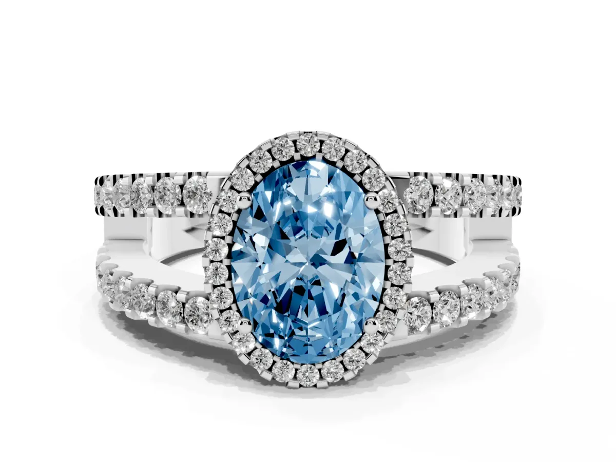 Fancy Blue Oval Cut Cut Halo Split Shank Diamond Ring with Four-Prong Setting Silver
