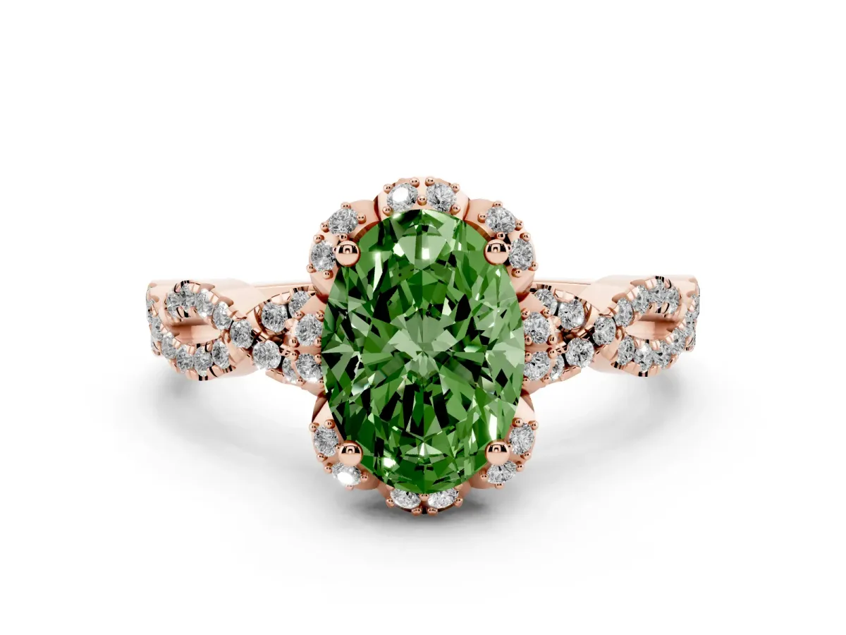 Fancy Green Oval Cut Halo Twist Band Solitaire Ring with Six-Prong Setting Rose gold