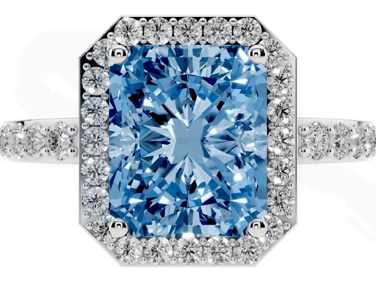 Fancy Blue Radiant Cut Halo Diamond Pavé Band Ring with Prong Setting Silver