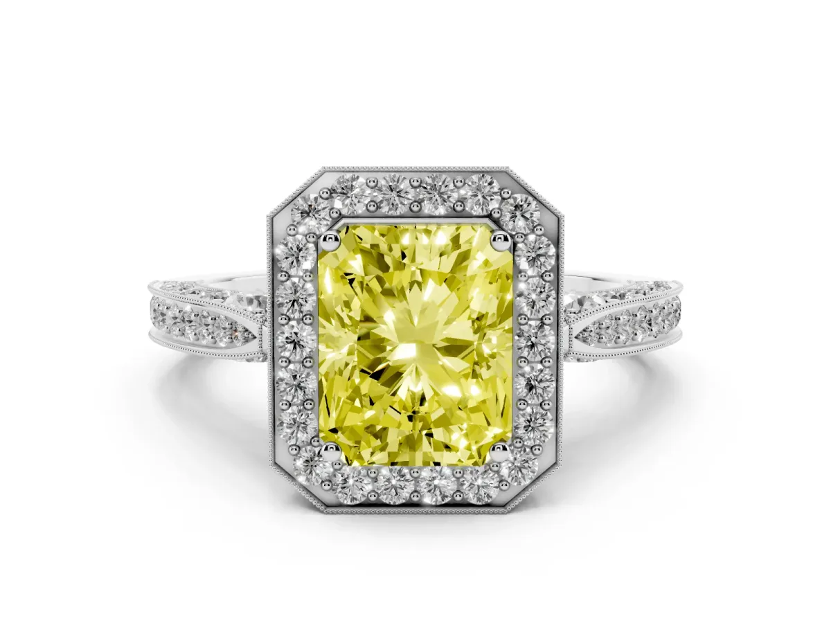 Fancy Yellow Radiant Cut Halo Diamond Engagement Ring with Split Shank Band and Four-Prong Setting Silver