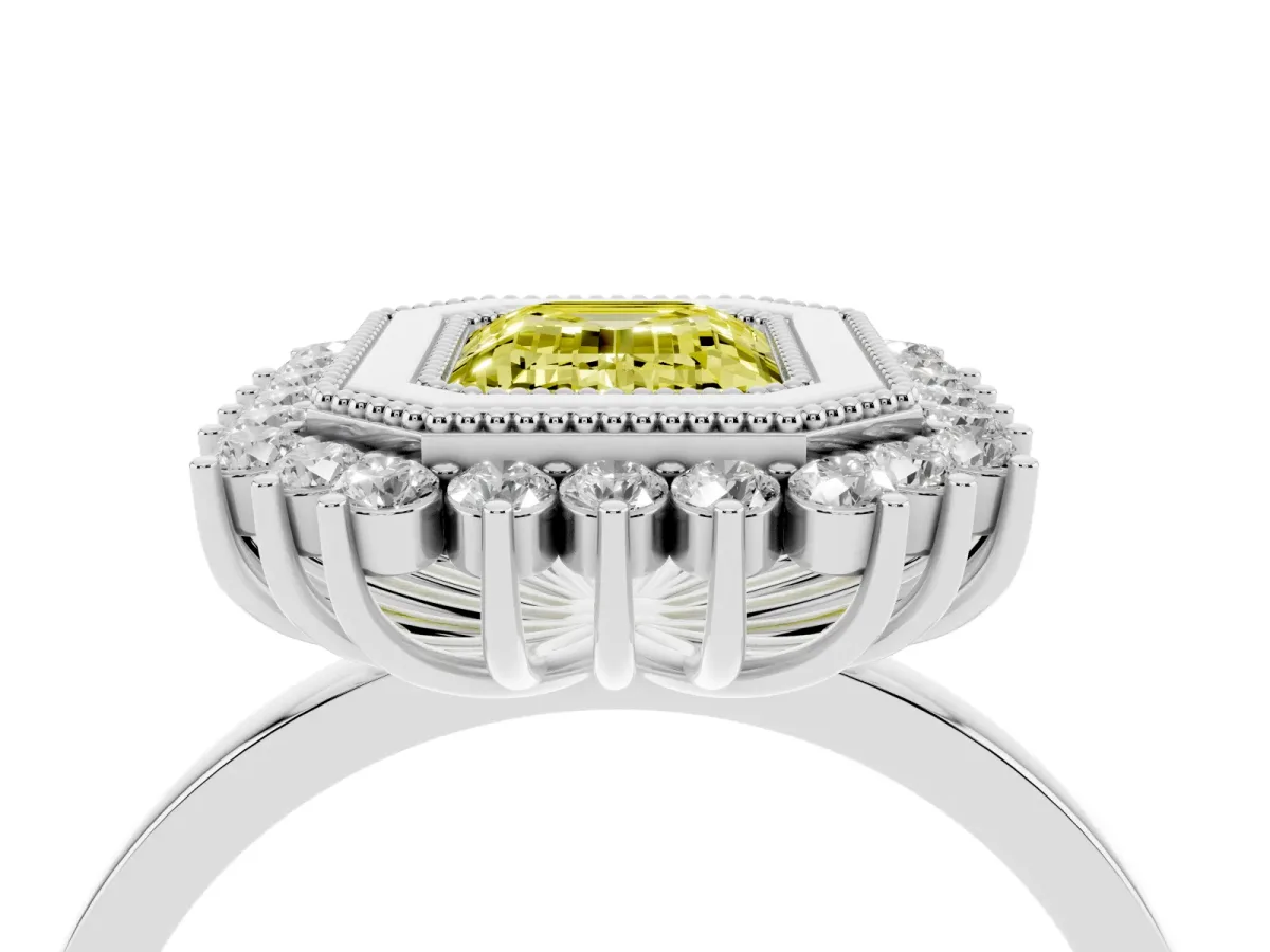 Fancy Yellow Emerald Cut Halo Diamond Ring with Milgrain Edge and Round Prong Setting Silver
