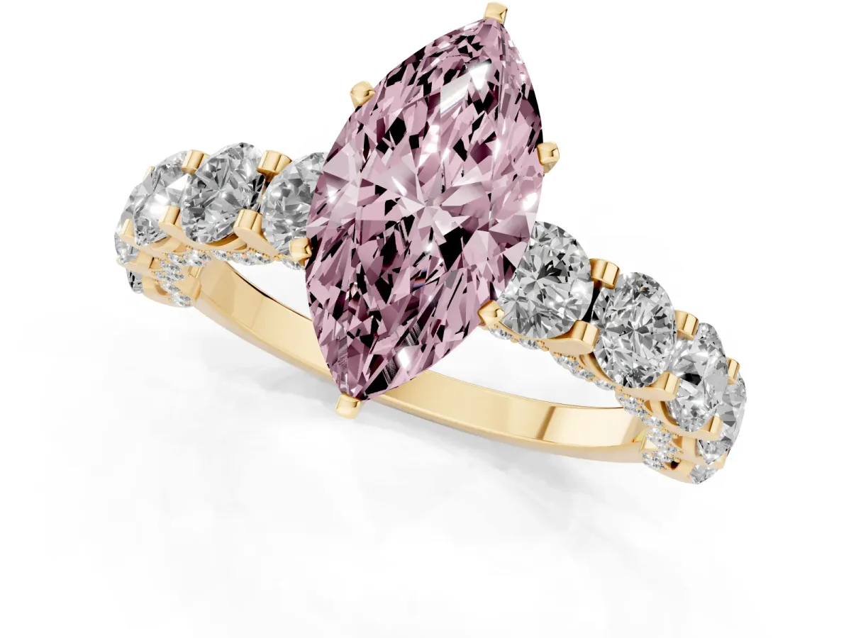 Fancy Pink Marquise Cut Diamond Side Stone Engagement Ring with Four-Prong Setting Yellow gold